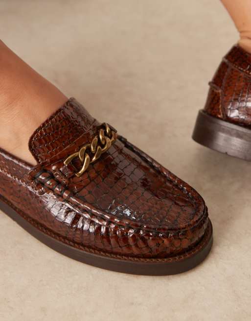 Walk London – Dalston – Brązowe loafersy z tłoczonej skóry z łańcuchem, 2 z 4