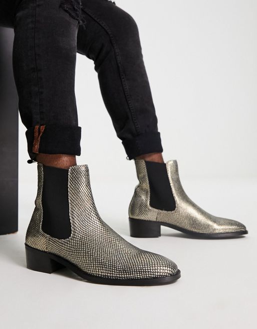 Walk London dalston cuban heeled chelsea boots with in gold snake