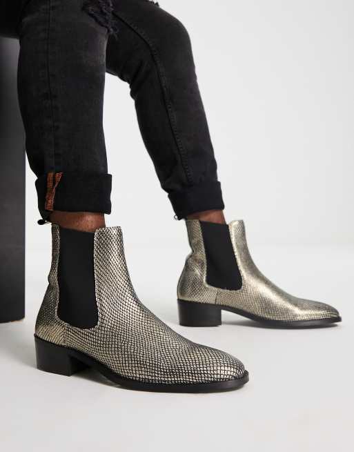 Walk London dalston cuban heeled chelsea boots with in gold snake leather 