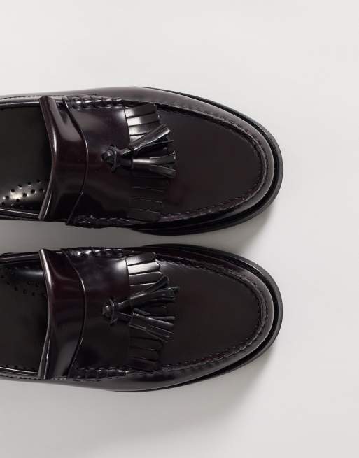 Walk London - Dalston - Mocassini in pelle liscia bordeaux con frange, 2 di 4