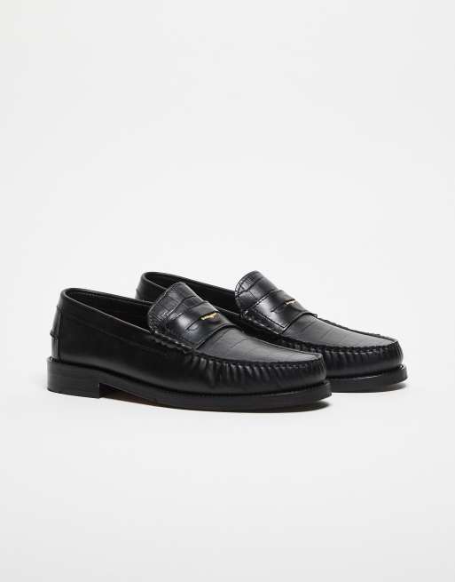Walk London Dalston Penny loafers in black embossed leather , 4 of 5