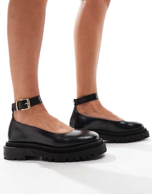 Walk London Dana ankle strap ballerina shoes in black leather