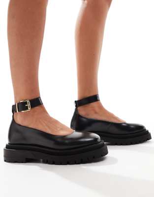 Walk London Dana ankle strap ballerina in black leather - ASOS Price Checker