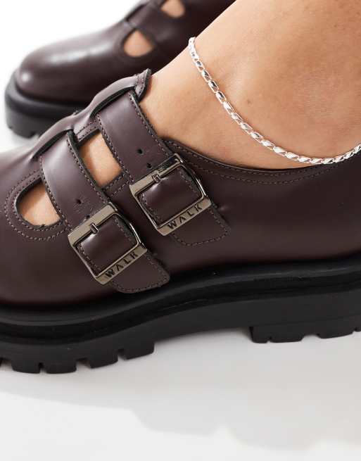Walk London Dana double strap mary janes in burgundy leather
