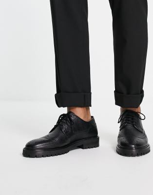 Walk London James Chunky Brogues In Black Pebble Leather