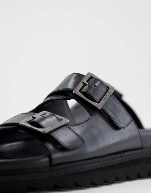 Walk London jaws double strap chunky sandals in black leather ASOS