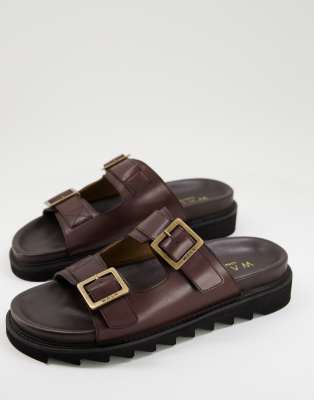 Walk London Jaws double strap chunky sandals in brown leather