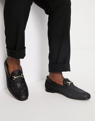 Walk London Jean Snaffle Loafers In Black Glitter