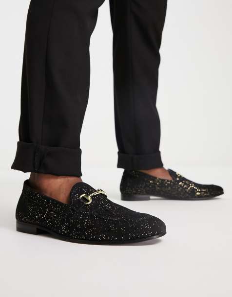 Walk London – Jean – Svarta, glittriga loafers med metalldetalj - view 1