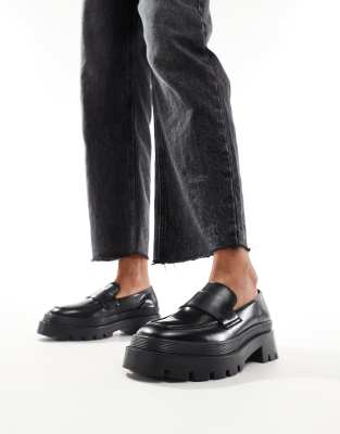 Walk London Kate saddle loafer in black smooth leather