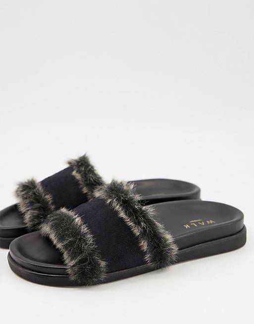 Walk London Knighsbridge faux fur lined slider slippers in black