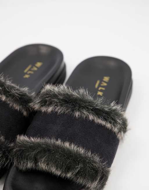 Walk London Knighsbridge faux fur lined slider slippers in black