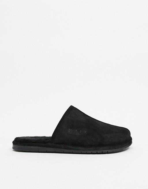 Walk London Langley sheepskin slippers in black suede
