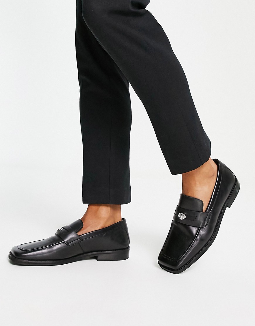 Walk London Luther Square Toe Penny Loafers In Black Leather
