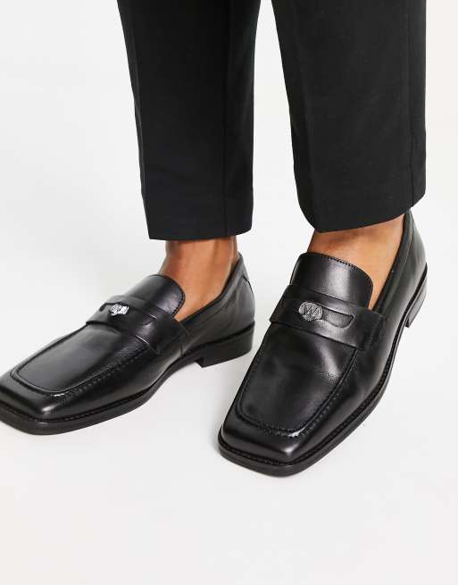 Walk London luther square toe penny loafers in black leather