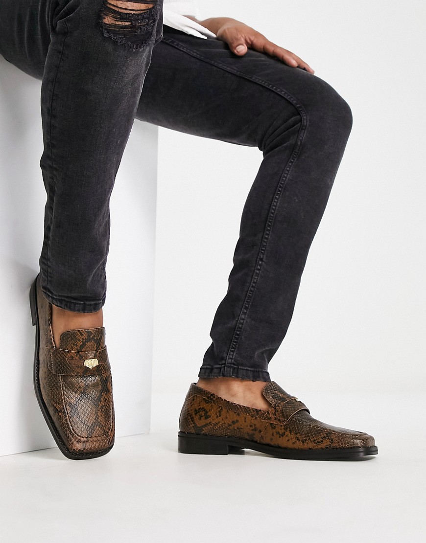 Walk London Luther Square Toe Penny Loafers In Brown Snake