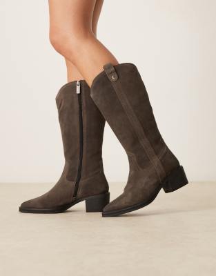 Walk London - Lydia - Schmale, spitze Wildleder-Stiefel in Braun mit hohem Schaft-Schwarz