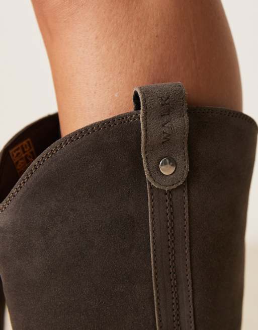 Walk London Lydia slim pointed suede high boot in brown, 3 of 4