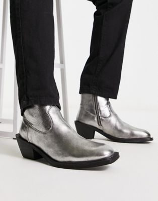 Walk London Nile western cuban heeled boots in gunmetal leather  - ASOS Price Checker
