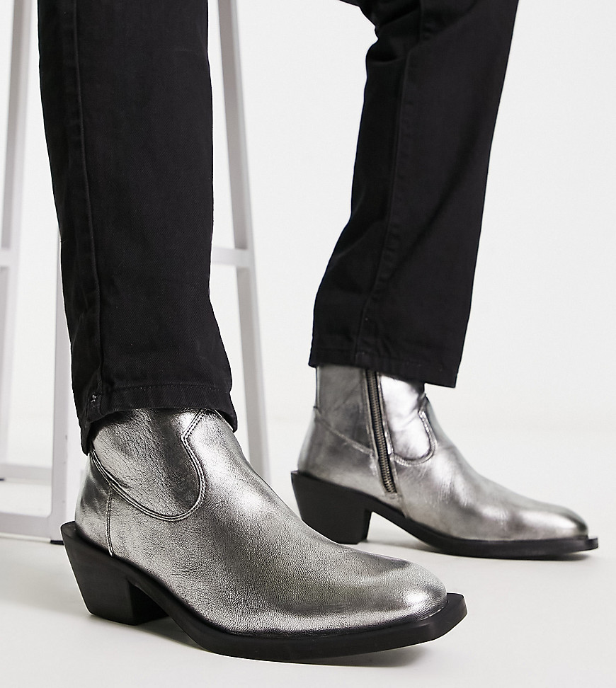 Walk London Nile Western Cuban heeled boots in gun metal leather-Grey