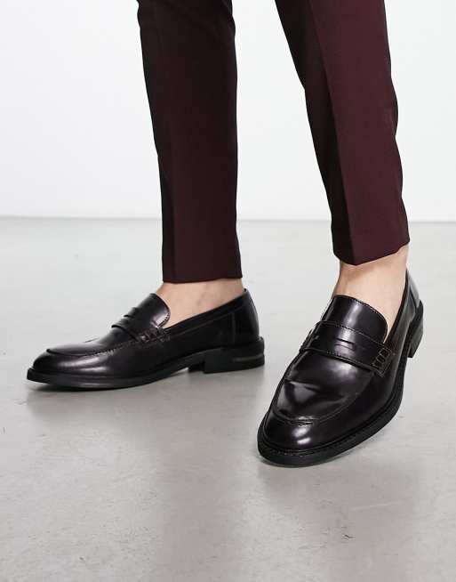 Walk London Oliver loafers in burgundy hi shine leather | ASOS