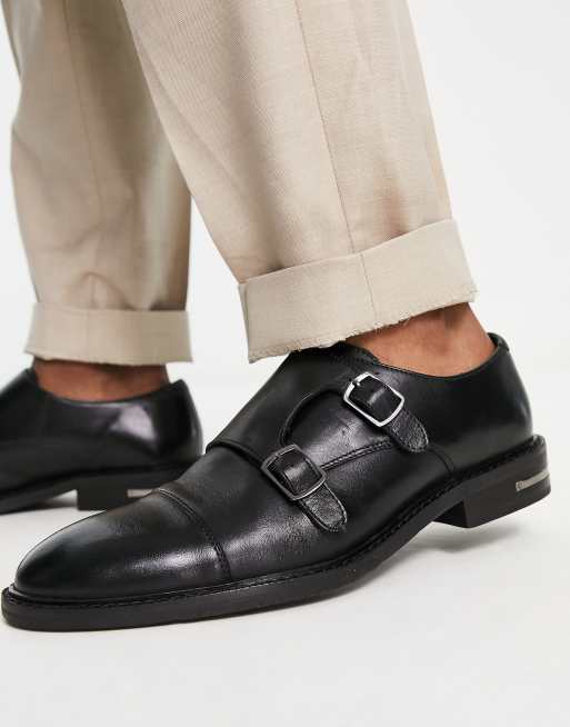 Walk London Oliver monk shoes in black leather ASOS