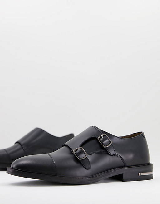 Walk London oliver monk strap shoes in black leather