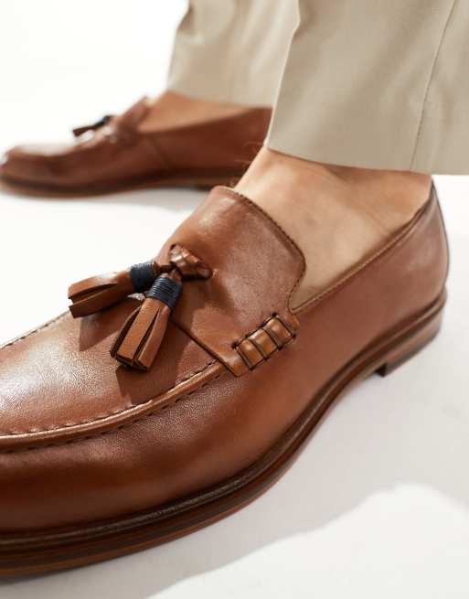 Walk London Putney Tassel Loafers in Tan Leather Brown