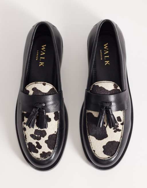 Walk London Rhea tassel loafers in cow print, 2 of 4