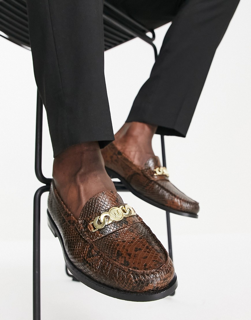 Walk London Riva Chain Loafers In Brown Snake Leather