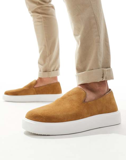 Walk London Robbie weave slip on loafers in tan suede - view 1
