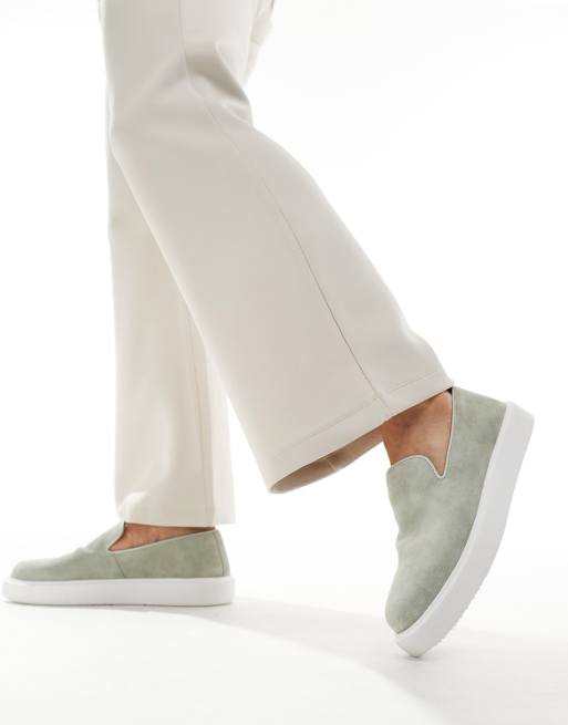  Walk London Robbie Weave Slip Ons In Green Suede