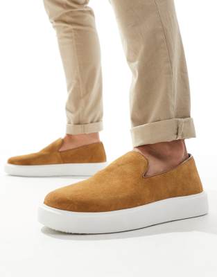 Robbie Weave Slip Ons In Tan Suede-Brown