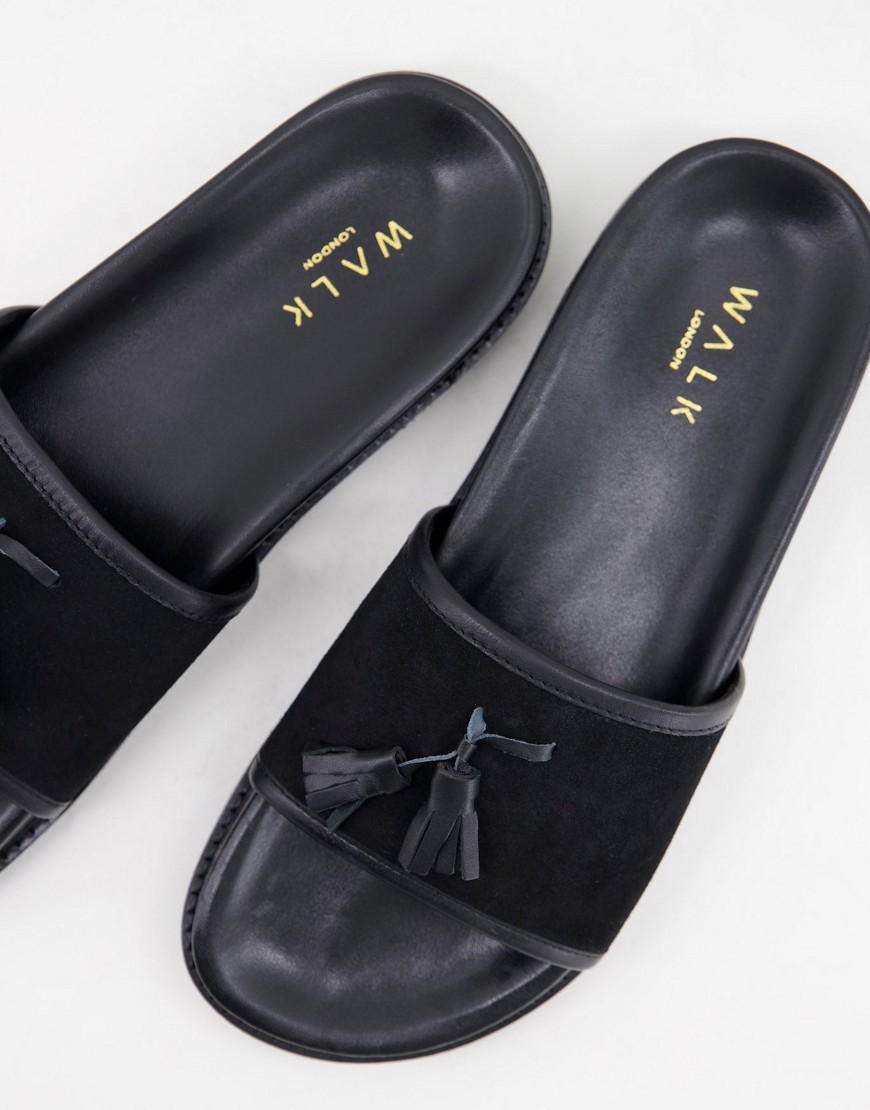 Walk London Ronny Tassel Slide Sandals In Black Suede In Navy
