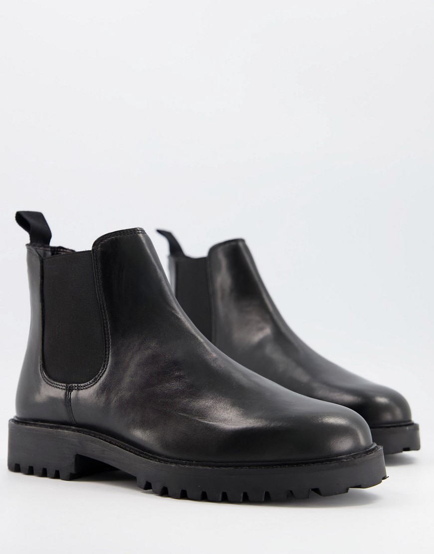 Walk London - Sean - Chelsea laarzen met dikke zool in zwart leer