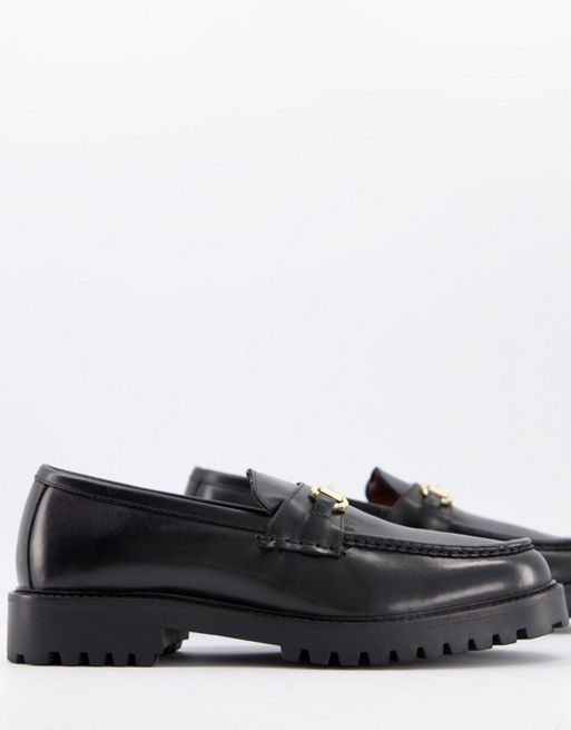 Walk London sean chunky bar loafers in black leather | ASOS
