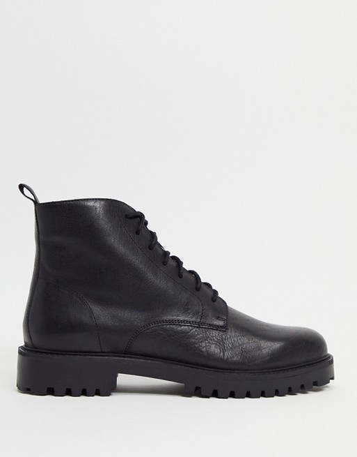 Walk London sean chunky lace up boots in black leather
