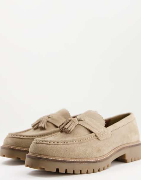 Walk London Sean chunky tassel loafers in beige suede - view 1