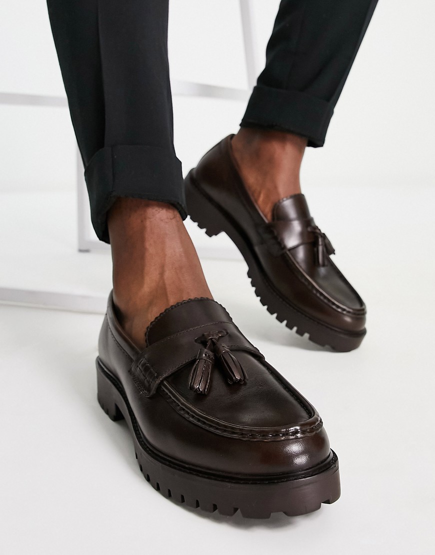 Walk London Sean chunky tassel loafers in brown leather-Black