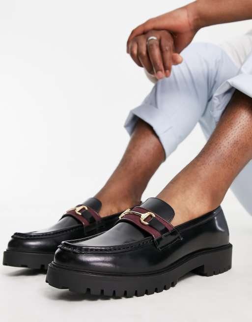 Walk London – Sean – Czarne skórzane loafersy na grubej podeszwie z ozdobną sprzączką