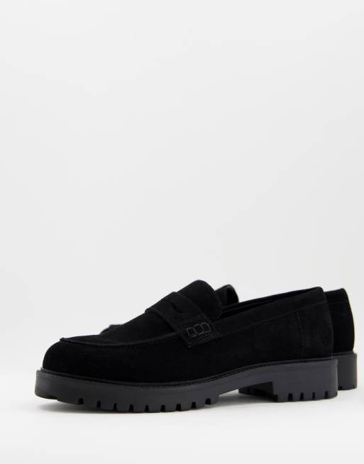 Walk London – Sean – Penny-Loafer aus Wildleder in Triple-Schwarz mit dicker Sohle