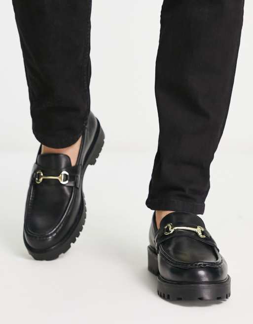 Walk London – Sean – Svarta loafers i läder med grov sula och spänne 
