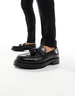 Walk London Sean Tassel Loafers In Brown Milled Leather In Black