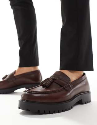 Walk London Sean Tassel Loafers In Brown Milled Leather In Black