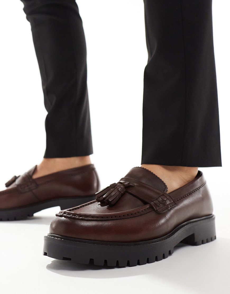 Walk London Sean Tassel Loafers In Brown Milled Leather