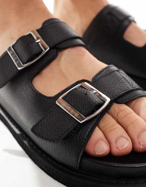 Walk London Shore Double Strap Sandals In Black Grain Leather ASOS
