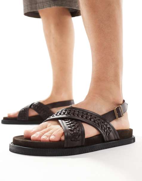 Walk London – Shore – Ledersandalen in Braun mit gewebtem Design und Fersenriemen - view 1