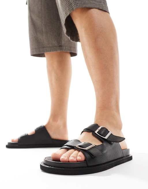 Walk London - Shore - Sandalen met dubbele banden van generfd leer in zwart