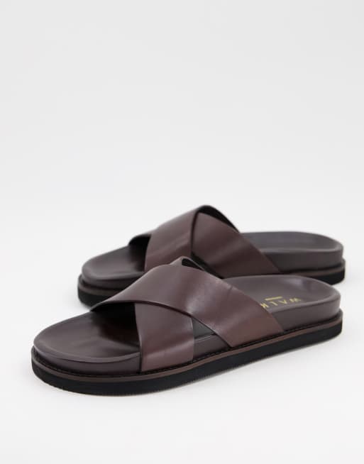 Walk London Tommy cross over sandals in brown leather ASOS