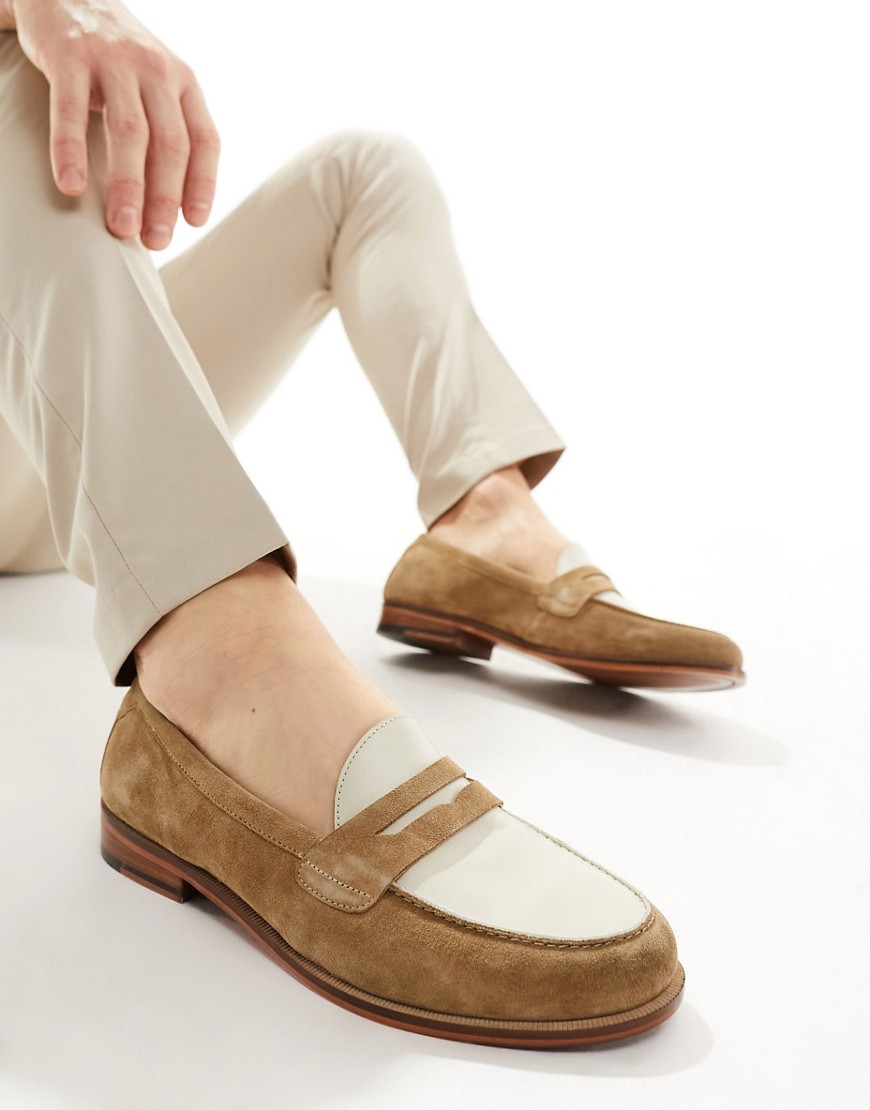 Walk London Torbole Saddle Loafers In Tan Suede/Off White Leather-Brown